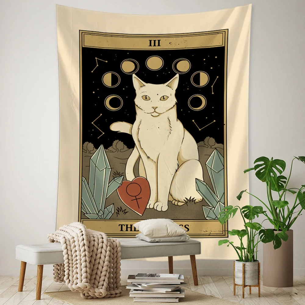 Tarot Card Tapestry Wall Hanging Bohemian Style Cat Mysterious Divination Witchcraft Beach Moon Phases Beautiful Room Decor