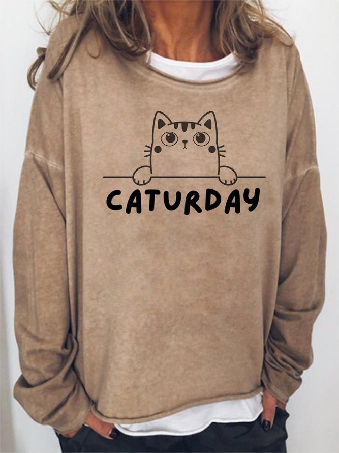 Long Sleeve Crew Neck Cat Caturday Casual Sweatshirt