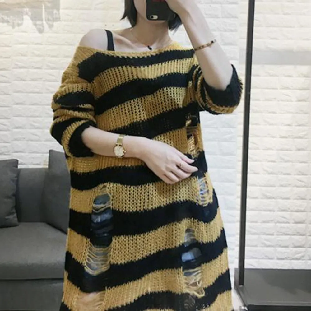Halloween 200 Gothic Knitted Sweater Women Long Pullovers Striped Loose Winter Ripped Plus Size Sweaters Jumpers Mujer Jersey 924