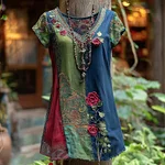 Women's Vintage Rose Floral Print Patchwork Denim T-shirt - Image 2
