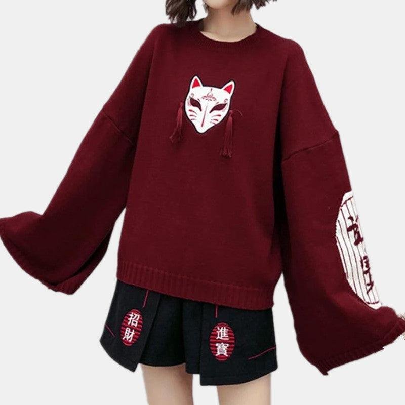 Lucky Cat Embroidery Tassels Sweater Pullover