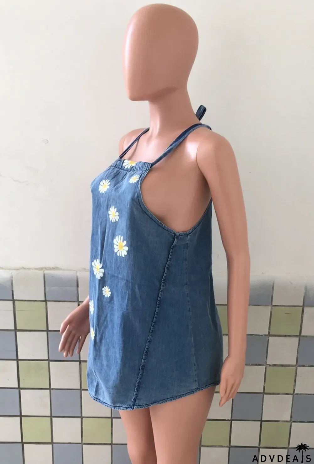 Summer Floral Blue Denim Halter Vest