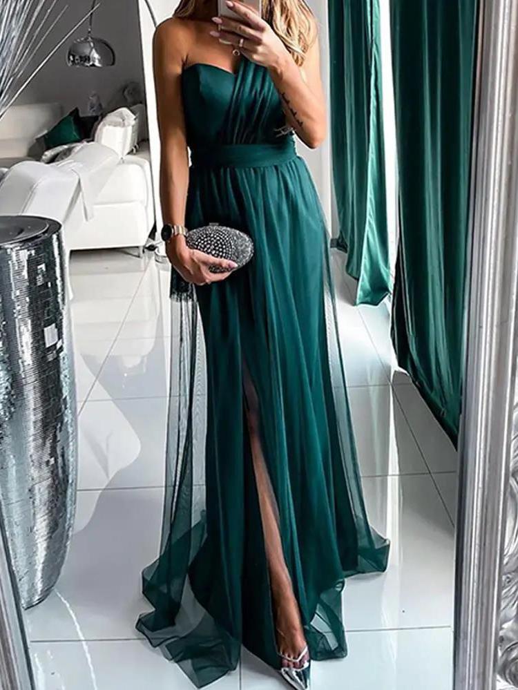 Zachics green one shoulder side slit mesh maxi gown simple prom dresses