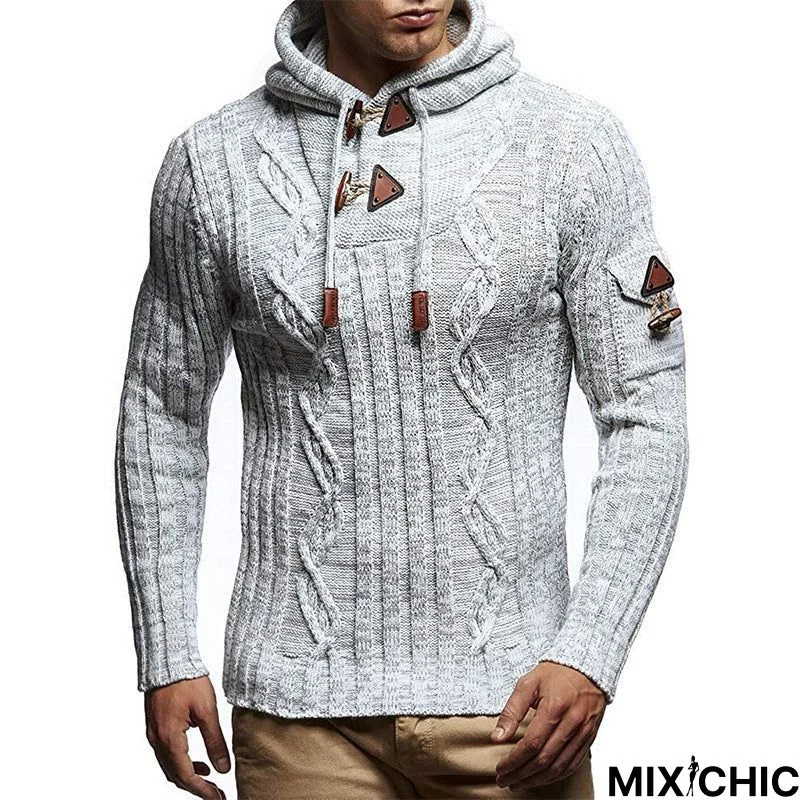 Men's Sweater Long Sleeve Hooded Horn Buckle Slim Knit Pullover