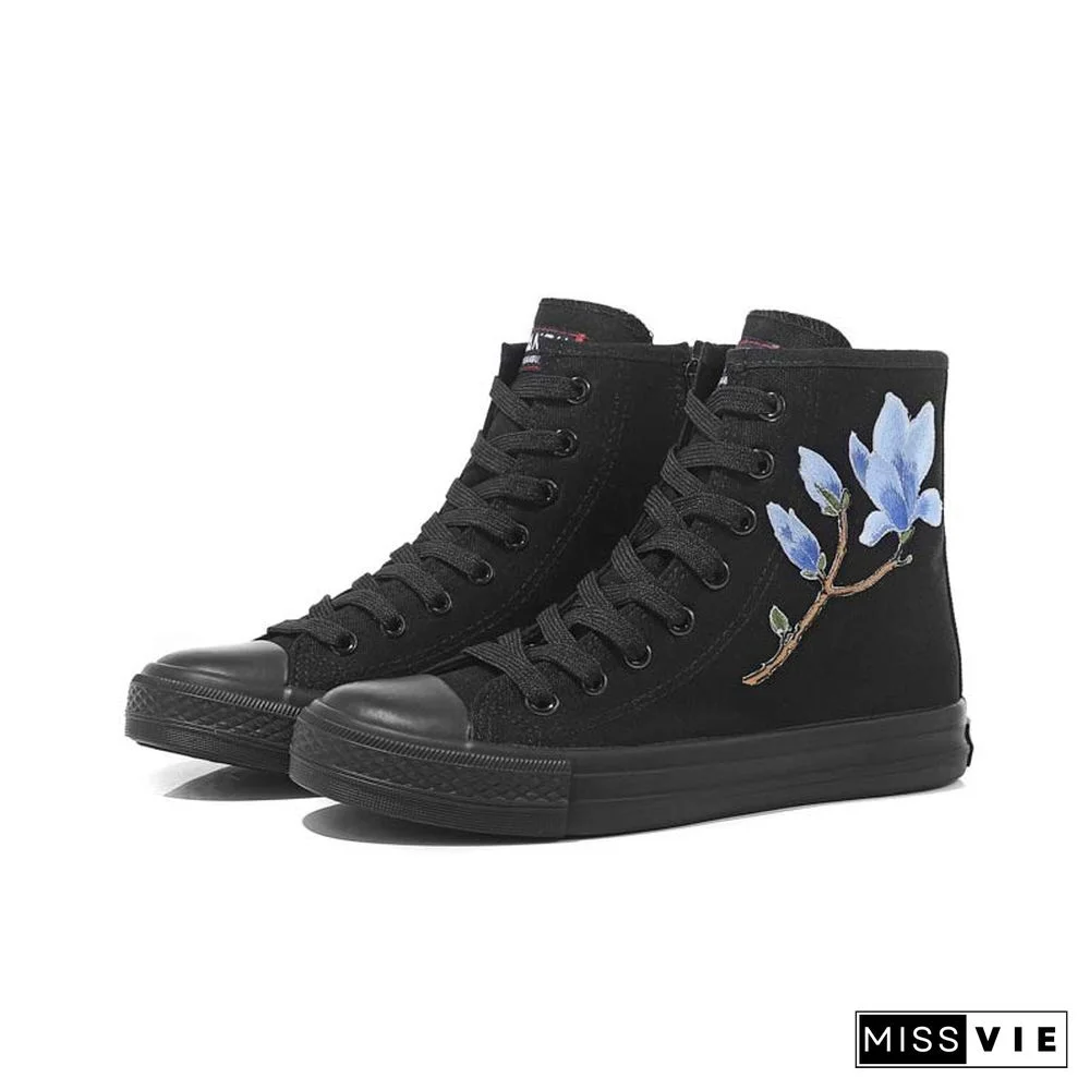 Vintage Blossom Embroidery Lace Up Zipper Canvas Shoes