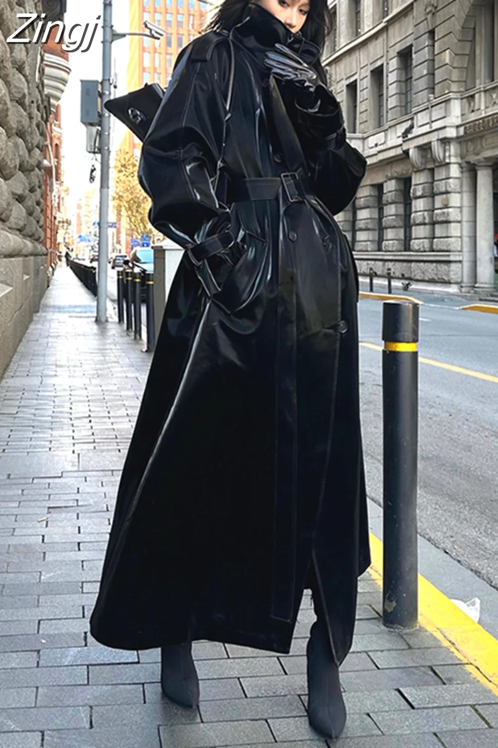 Zingj Spring Autumn Extra Long Oversized Cool Reflective Shiny Black Paten Leather Trench Coat 9208