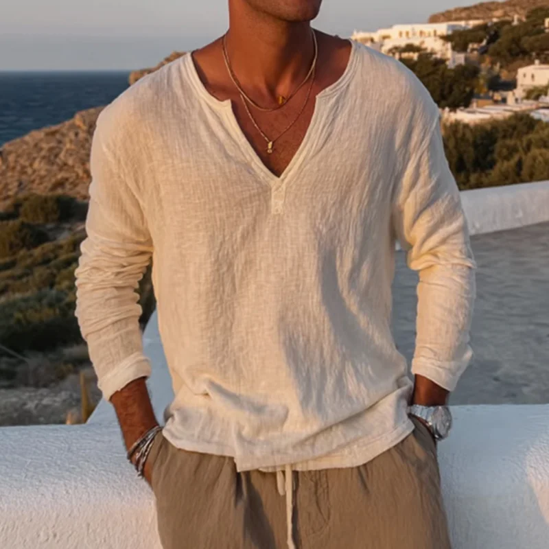 Men's White V-neck Light Breathable Holiday Loose Casual Long-sleeved T-shirt-inspireuse