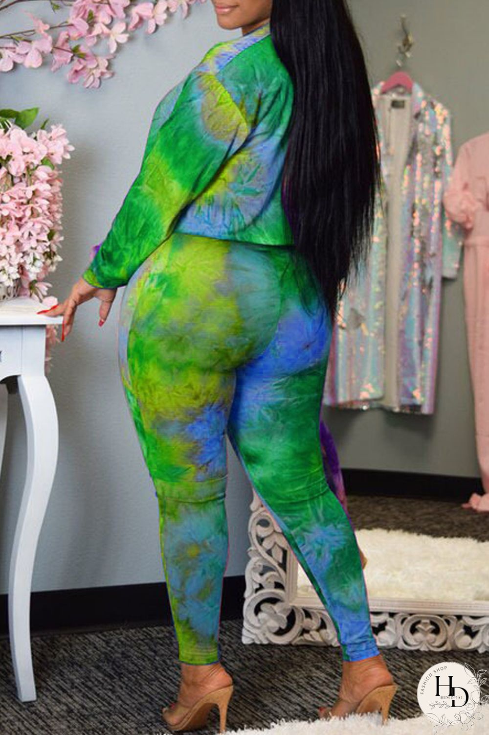 Green Fashion Casual Print Tie-dye Oblique Collar Long Sleeve Two Pieces