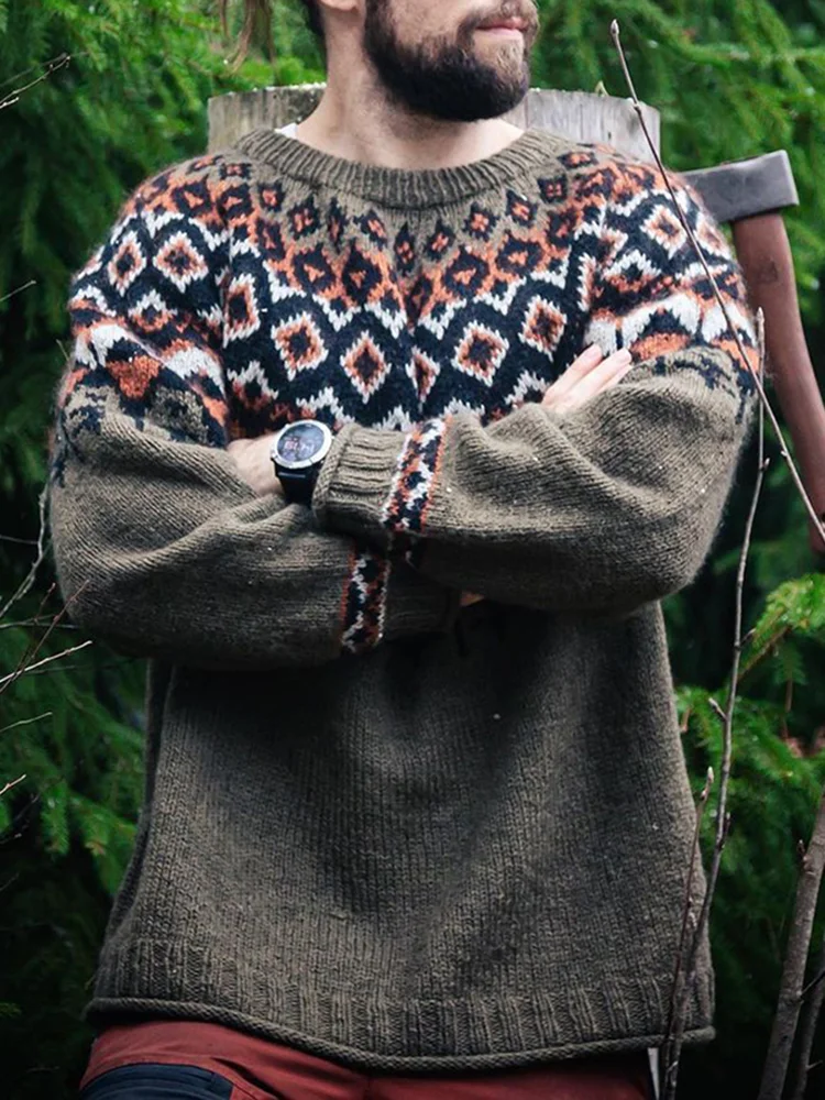 Retro Leopard Geometry Jacquard Icelandic Crew Neck Sweater