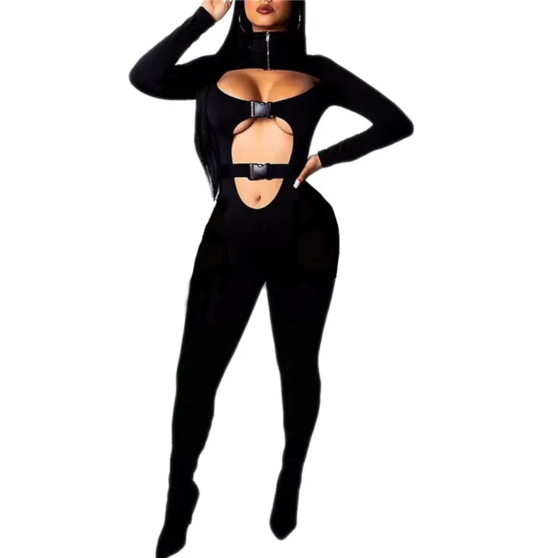 Sexy Women Bodycon Jumpsuit Solid Color Overalls Long Sleeves Rompers Bodysuits High Neck Hollow Out Buckle Biker Short Clubwear