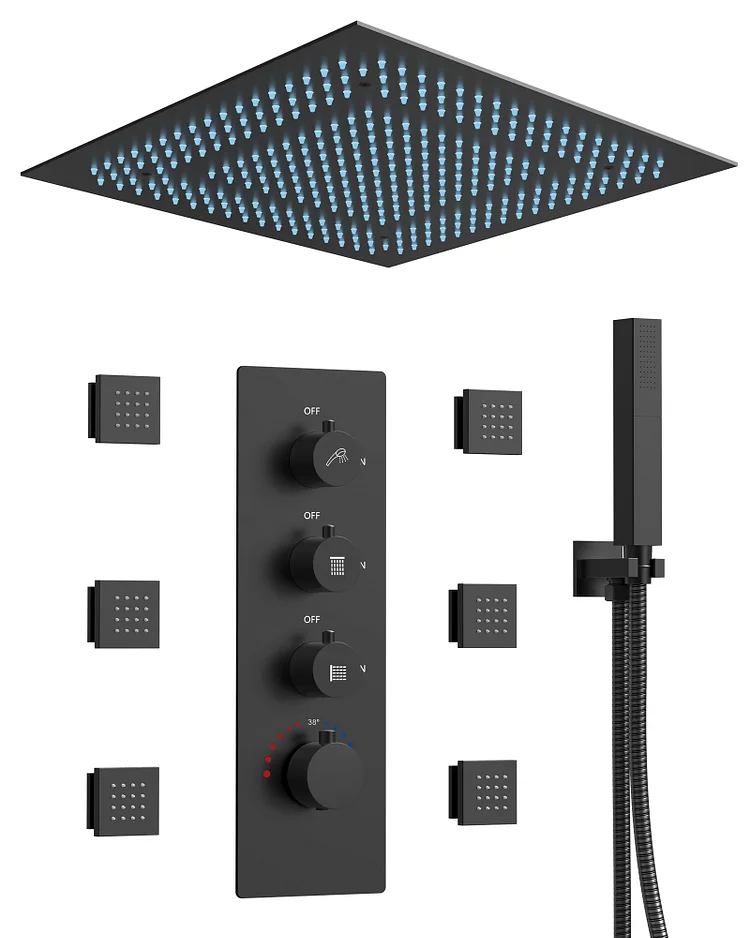 SFS-1028-BK20 20" LED Rainfall Shower System with Handheld and Body Jets - Thermostatic Full-Body Shower