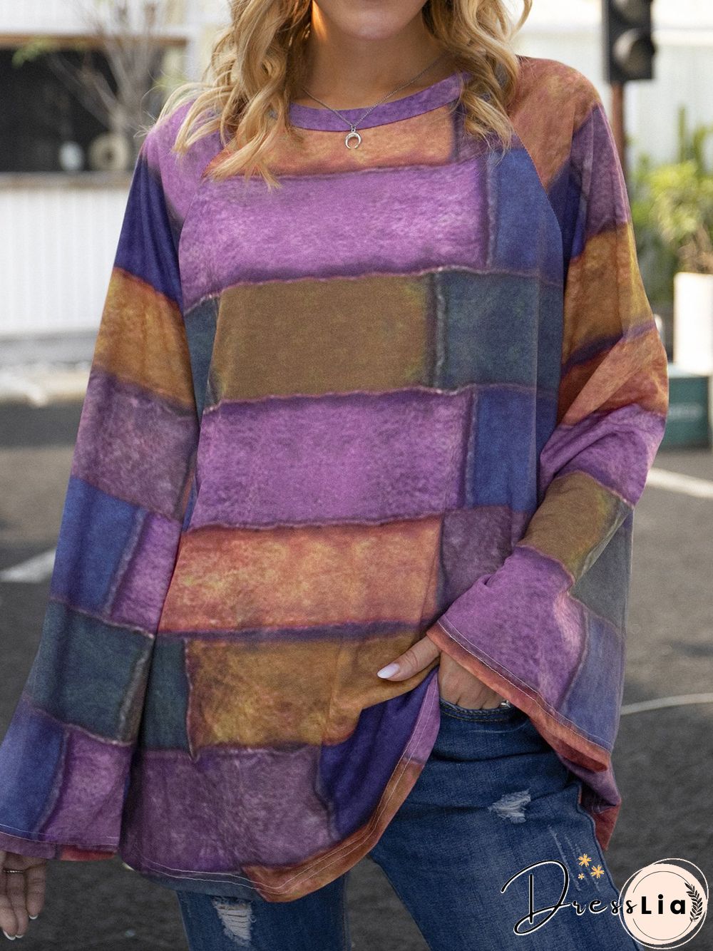 Floral-Print Crew Neck Long Sleeve Casual Tops