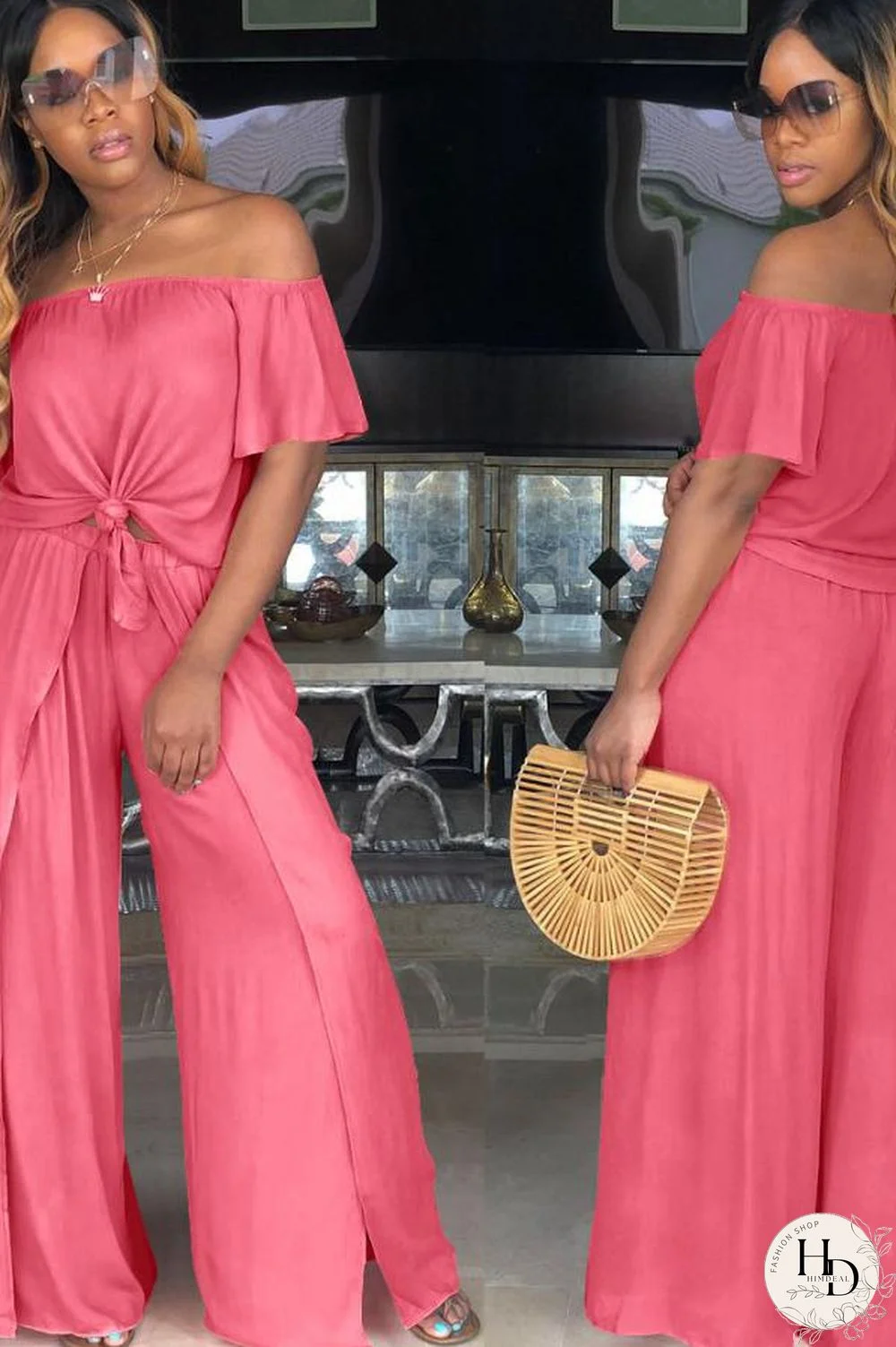 Pink Fashion Casual asymmetrical Solid Bandage Loose Two-piece Pants Set