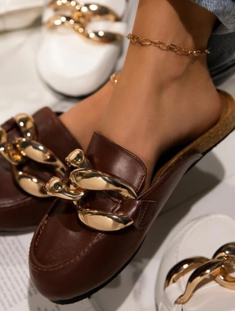 Mules Shoes Women Slippers Flats Designer Slides Size 43 White Black Luxury Big Chain Sandals Moda Feminina Verao 2021 Pantoufle