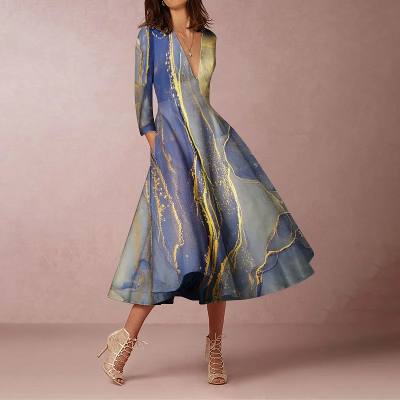 V-Neck High Waist Marble Print Midi Dress