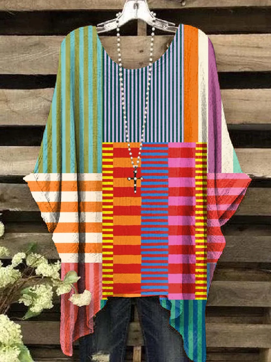 Women's Vintage Stripe Color Art Print Crew Neck Top