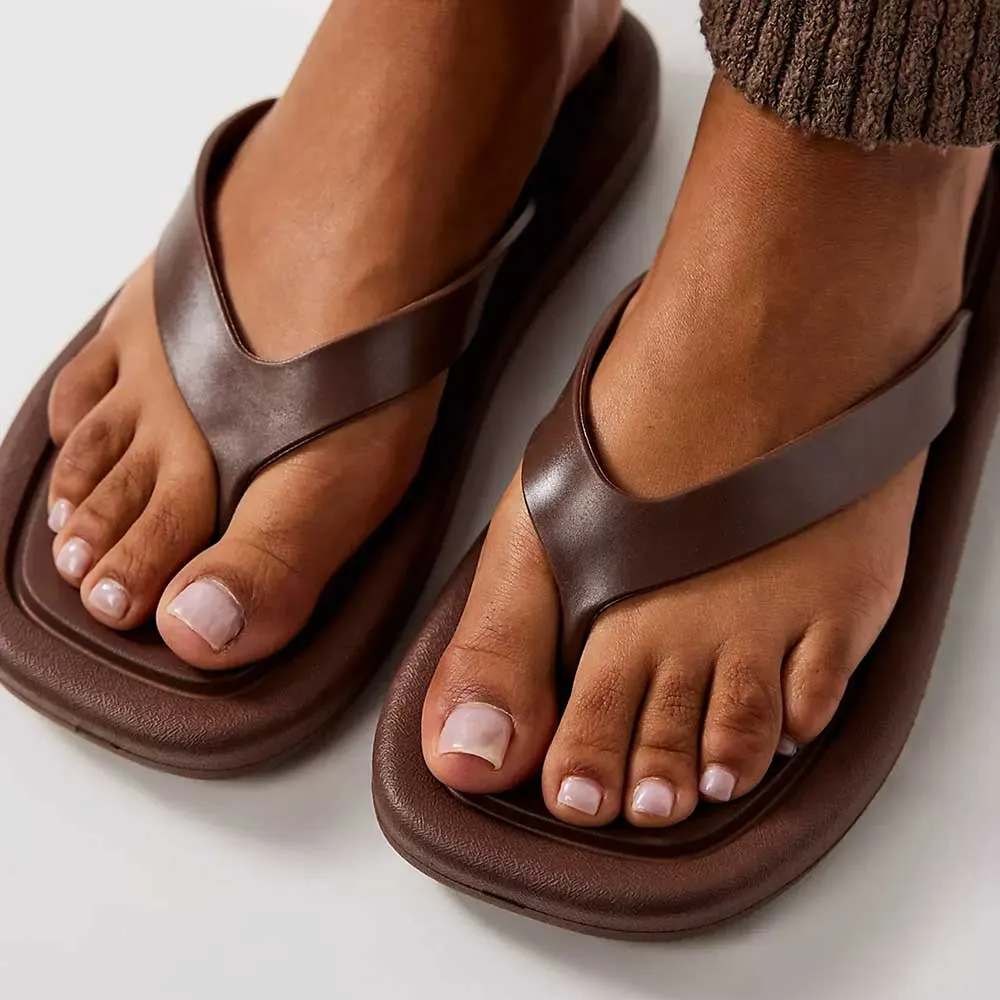 Brown Open Square Toe Flat Backless Flip Flops Mules Sandals