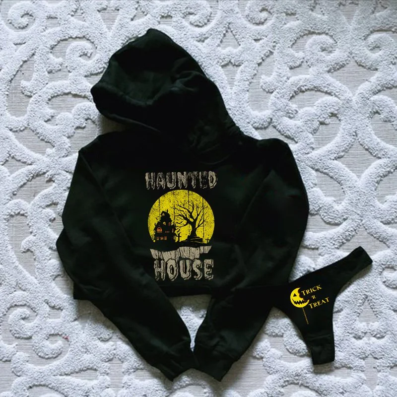 Haunted House Printed Hooded Women's Thicken Suit Set