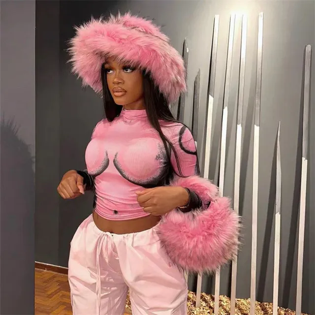 Harajuku Girls Sweet Cute Pink Wide Brim Floppy Furry Shag Hat Women Winter Y2k Fashion Fuzzy Festival Faux Fox Fur Bucket Hats 