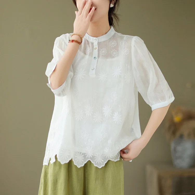 Summer Retro Embroidery Casual Linen T-Shirt