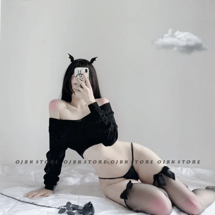 Sexy Costumes Kawaii Sweater Top Set Women's Devil Angel Cute Anime Cosplay Fancy Dress Erotic Lingerie With Pantie And Hairband