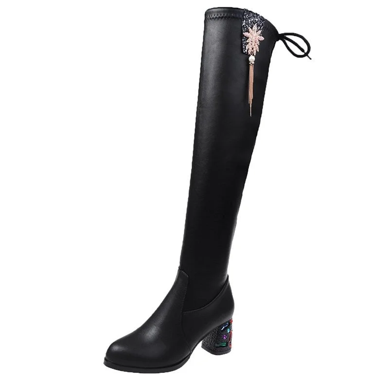 Knee Boots for Women Winter 2020 High Heel Shoes Pointed Toe Leather Flock Ladies Zapatos De Mujer Casual Thigh High Boots