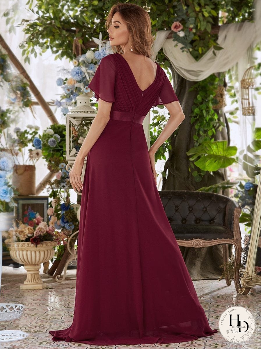 Elegant Double V-Neck Ruffled Padded Evening Gowns