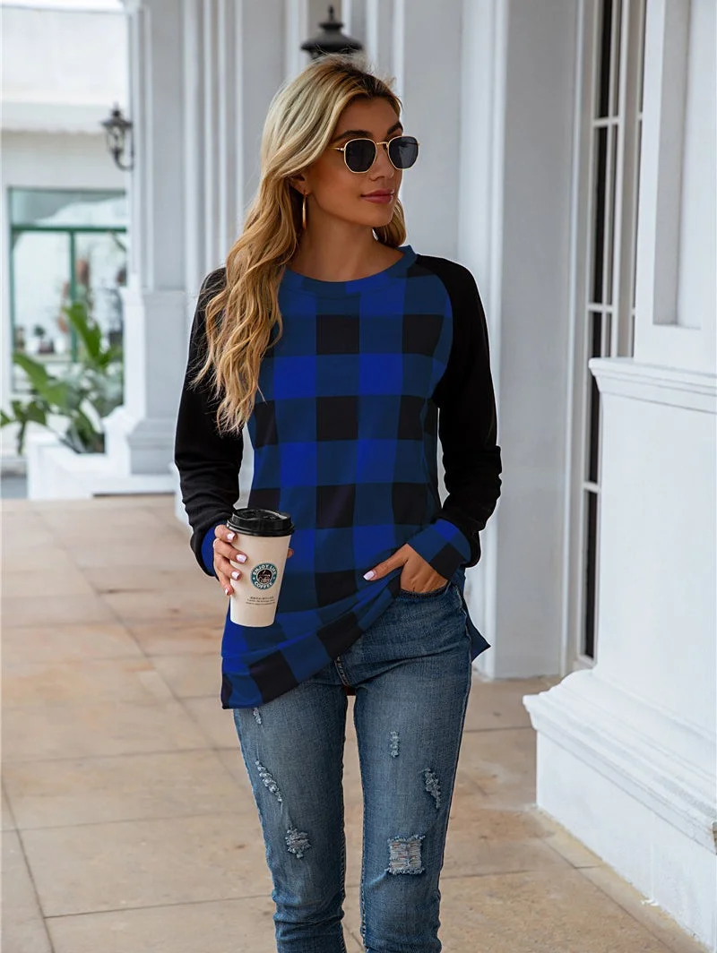 Plaid O-Neck Splicing Cardigan Women's Sweatshirt