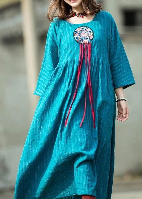 French embroidery o neck linen Robes Cotton blue striped Dress summer