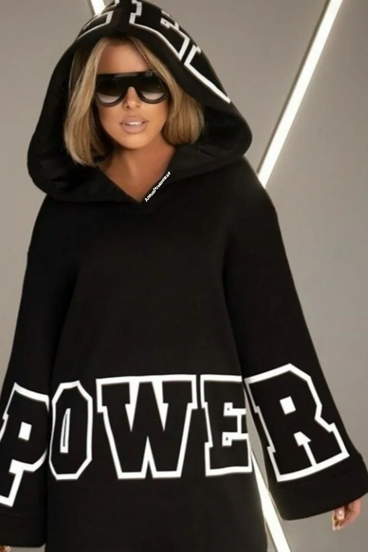 Plus Size Daily Dress Black Letter Print Hoodie Knitted Sweatshirt Mini Dress 