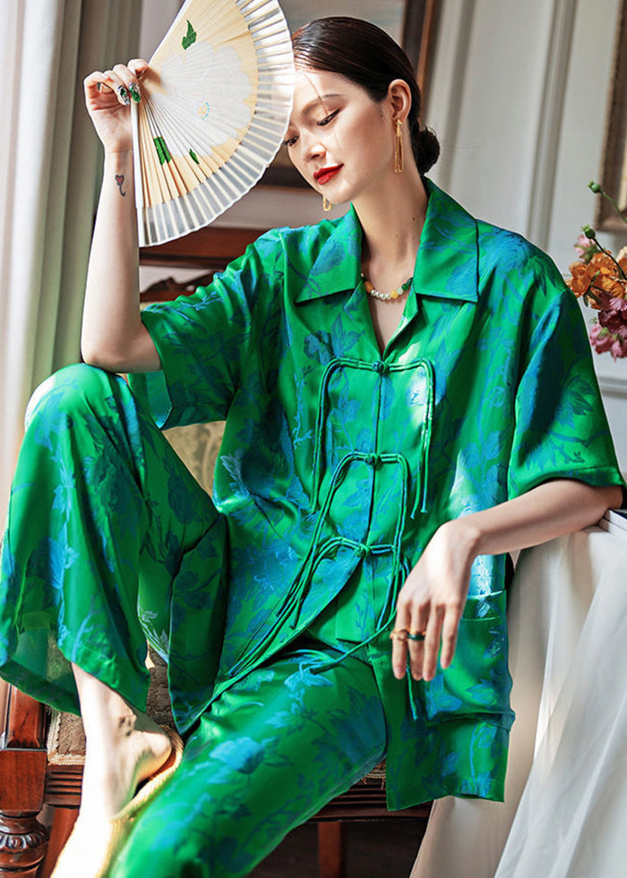 Chinese Style Green Chinese Button Side Open Ice Silk Pajamas Two Piece ...