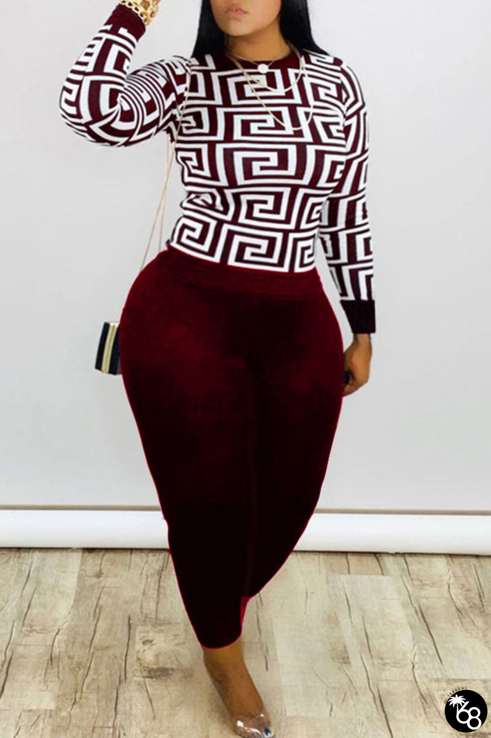 Wine Red Sexy Print O Neck Plus Size | 168DEAL