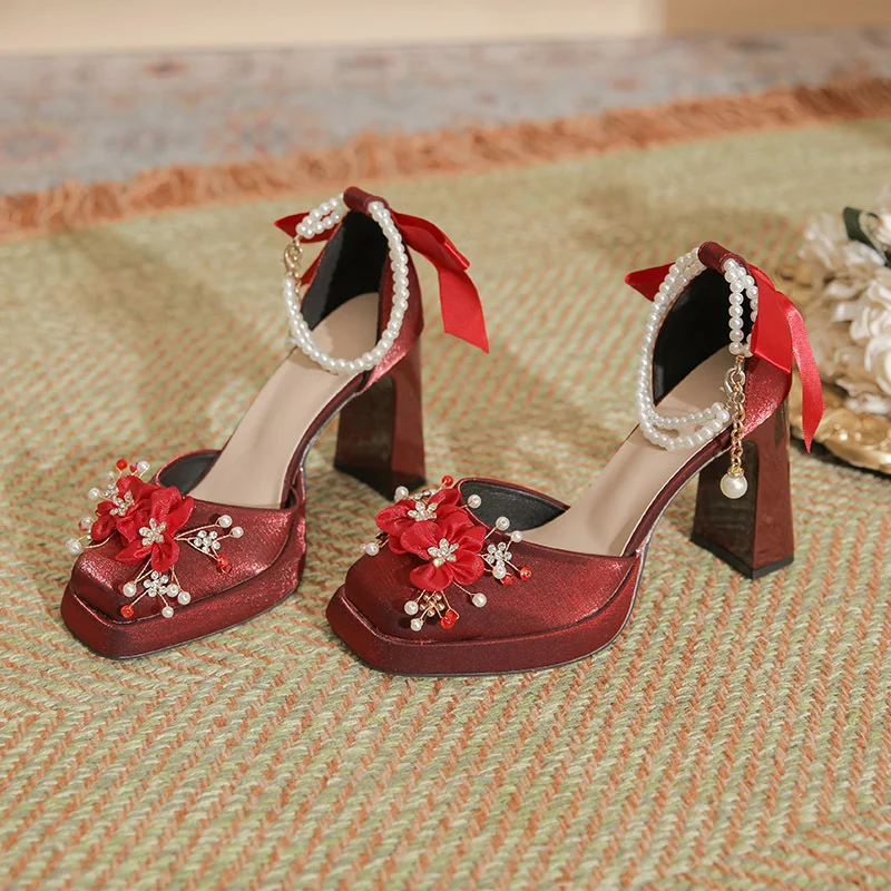 Churchf Churchf Flower Rhinestone Rough With Mary Jane Satin Hollow Xiu He Wedding Dress Two Wear Wedding Shoes Bridesmaid Shoes Female