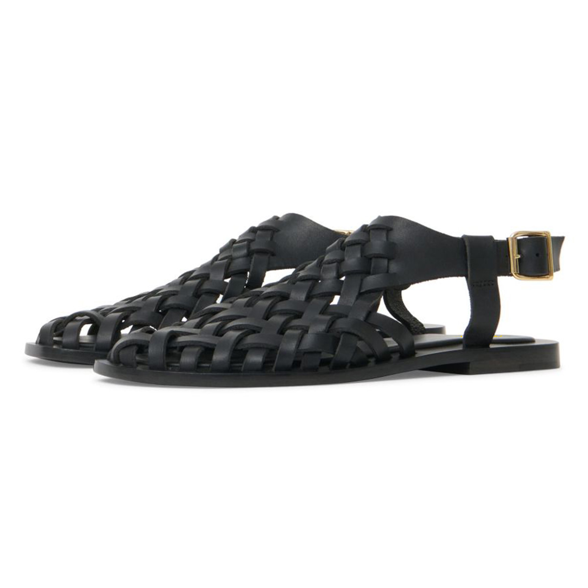 Vegan Leather Square Toe Buckle Flat Black Sandals for Women Nicepairs