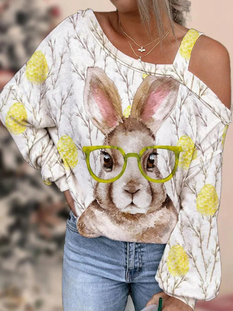 Cute Easter Bunny With Glasses Print Off-Shoulder Blouse