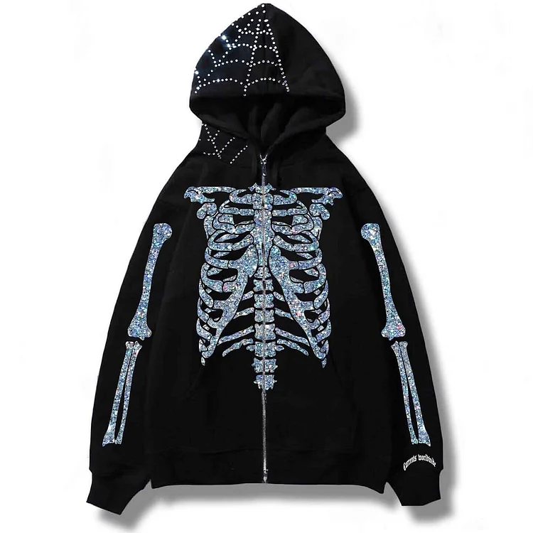 Y2K Rhinestone Skeleton Print Men's Zip Up Oversized Hooded Sweatshirt Jacket at Hiphopee