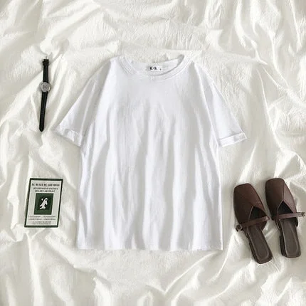 Summer Tee Shirt Solid Color Basic T-Shirt Women Casual O-neck Harajuku Top Korean Hipster Cotton Basic Tshirt