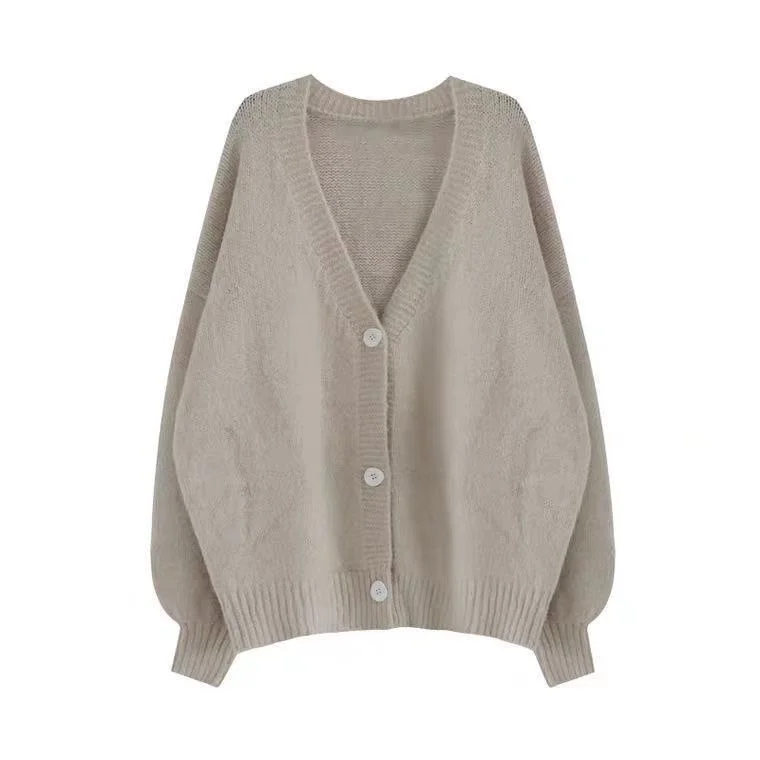 Churchf Churchf Korean Version Of Knit Loose Cardigan Female Spring And Autumn Pure Color Long-Sleeved Coat Large Size Soft Waxy Single Breasted Black Sweater