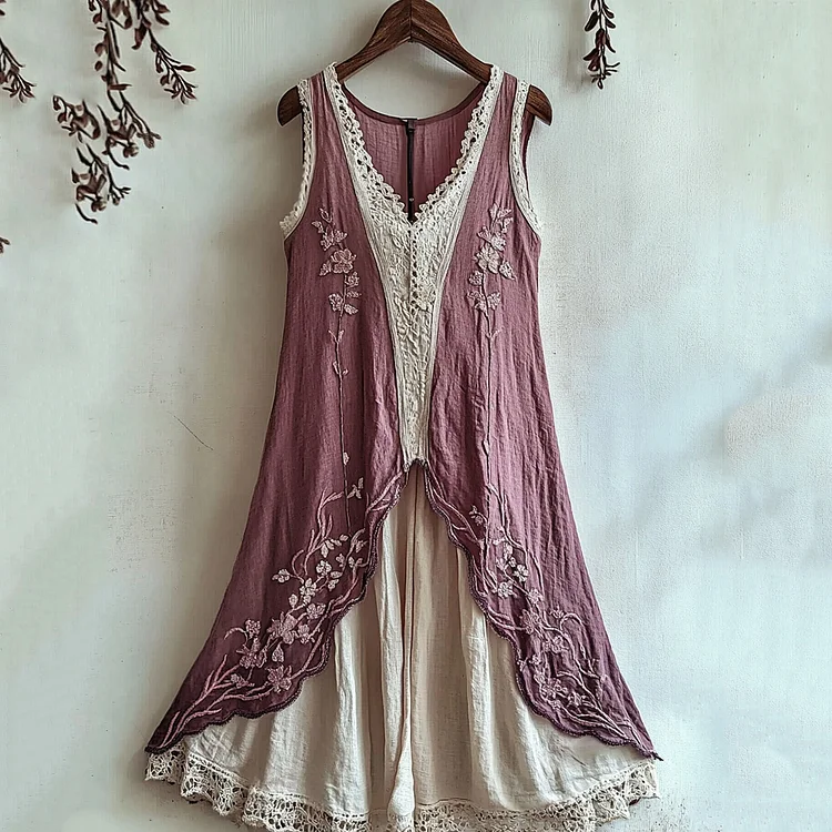 Women's Cherry Blossom Lace Art Vintage Linen Tank Dress
