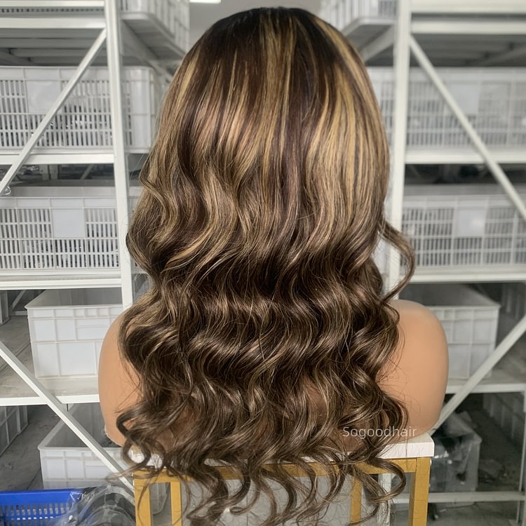 16" Honey Highlights Brown 200% Body Wave Lace Frontal Wig