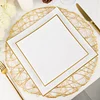 10 Pack | 8" White / Gold Concave Modern Square Plastic Dessert Plates, Disposable Salad Appetizer Party Plates
