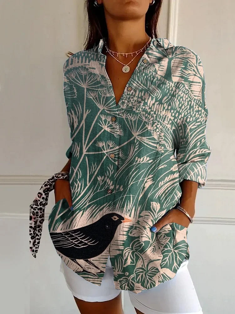 Retro Bird Art Print Casual Long Sleeve Shirt