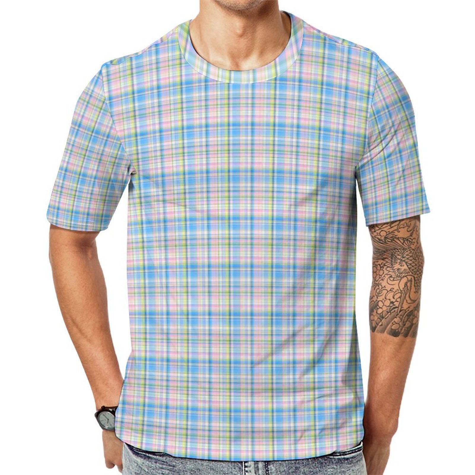 Blue Pink Yellow Wht Preppy Plaid Madras Tartan Short Sleeve Print Unisex Tshirt Summer Casual Tees for Men and Women Coolcoshirts