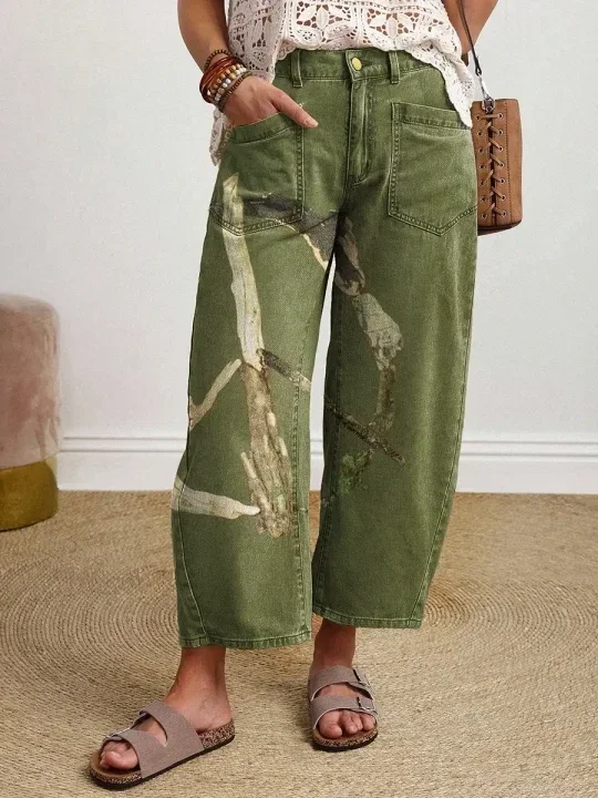 Women's Vintage-style Textured Floral Art Print Casual Cotton Trousers With Pockets.