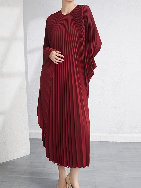 Solid Color Batwing Sleeve Fitted Wst Elegant Midi Dress main image 0