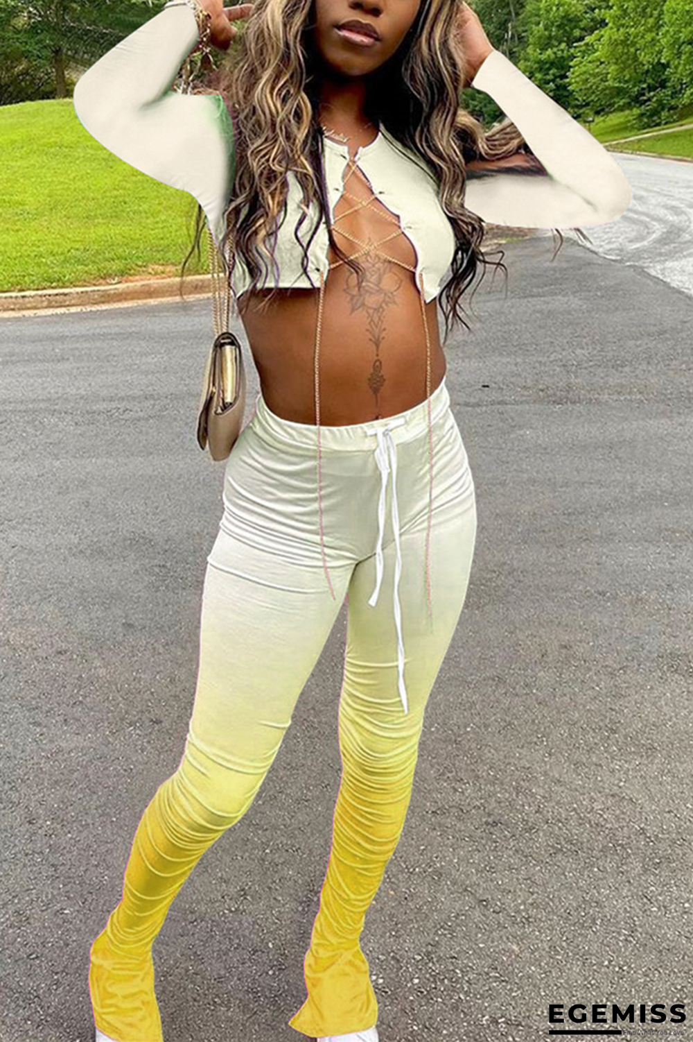 Yellow Fashion Casual adult Ma'am Print Gradient Two Piece Suits pencil Long Sleeve Two Pieces | EGEMISS