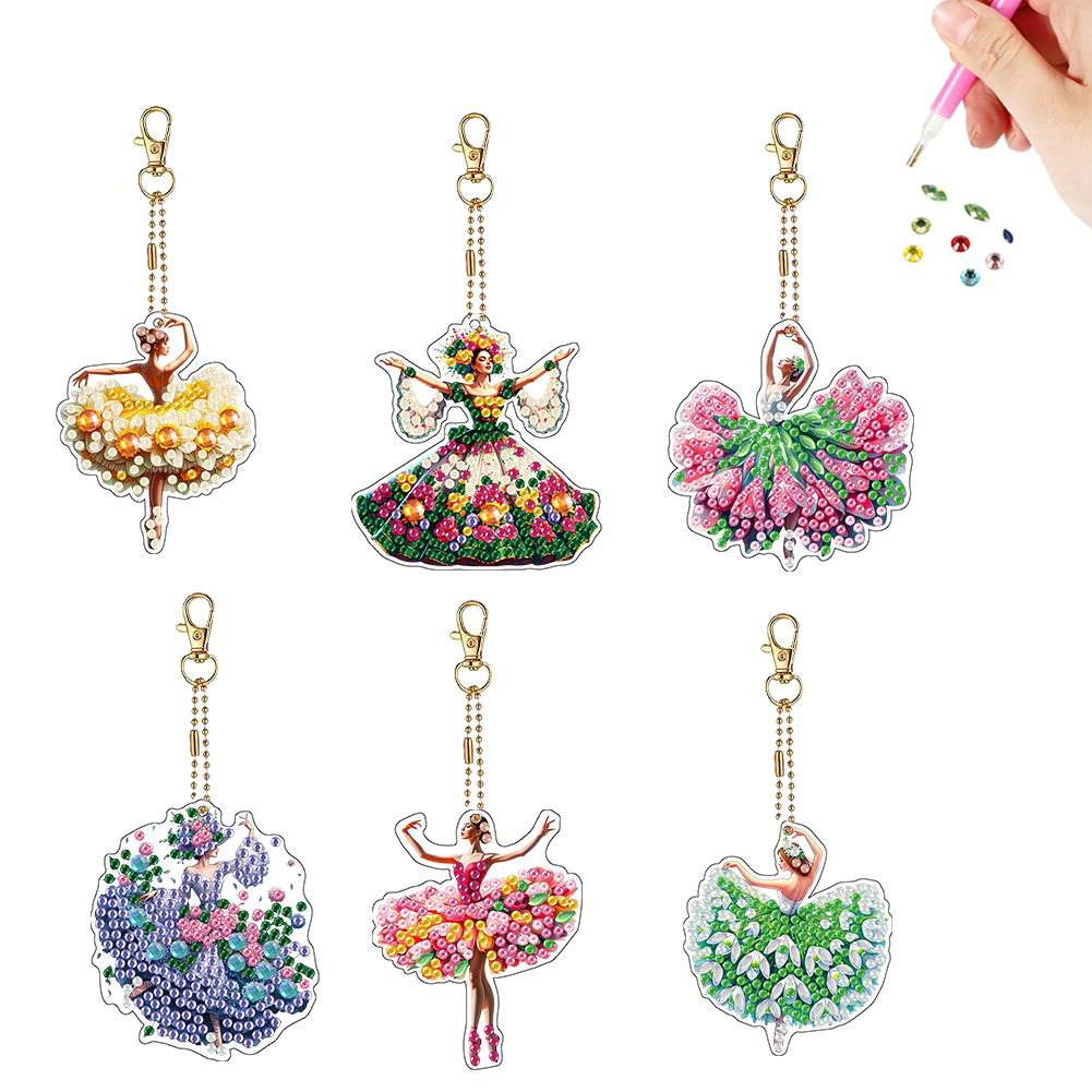 6Pcs Double Sided Special Shape Dancing Girl Diamond Painting Keychain