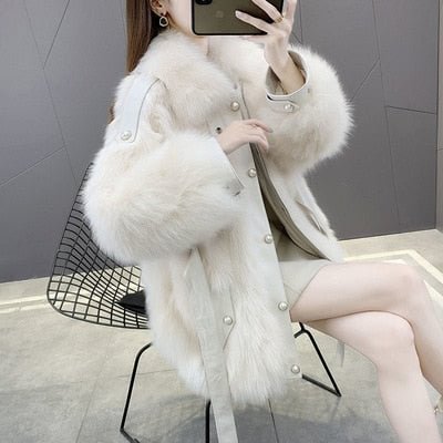 Faux Fox Fur Grass Thick Coat Women Long Bow Belt New Winter Warm Close Waist Pearl Turn-down Collar One-piece Fur Winter Coat
