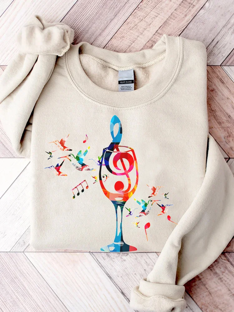 Comstylish Colorful wine glasses Music Notes Print Casual Cozy Sweatshirt
