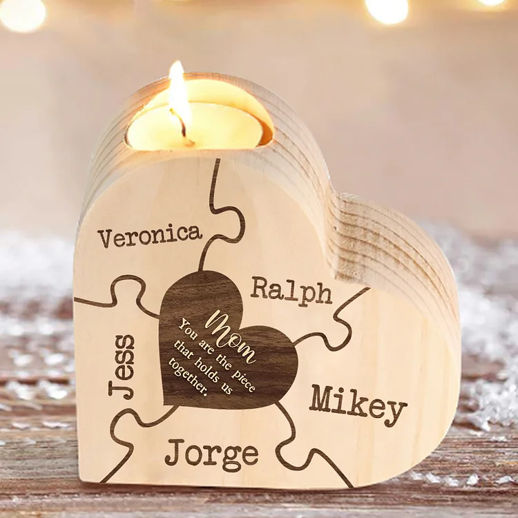 To My Mom Personalized 5 Names Puzzle Candle Candle Holder Wooden Candlestick "You are the piece that holds us together"